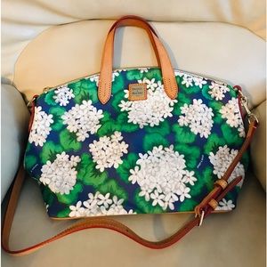 Dooney & Bourke satchel handbag. Green/Blue White floral design.